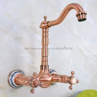 antique red copper dual cross handles wall mounted gold hotcold bathroom kitchen basin sink swivel faucet mixer tap bnf942
