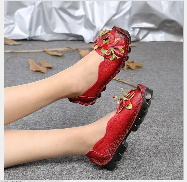 Women Genuine Leather Flat Shoes Woman Loafers 2021 New Fashion Women Casual Handmade Flower Women Flats