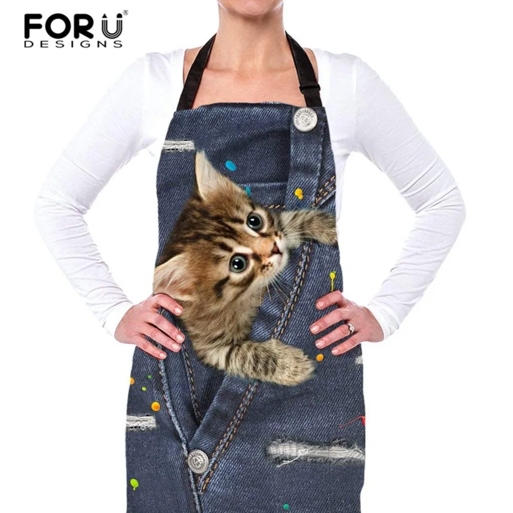 FORUDESIGNS фартук для приготовления пищи, кухонный женский мультяшный кухонный фартук, джинсовая собака, кошка нагрудник, фартук без рукавов, ткань, фартук, креативный 75*67 см