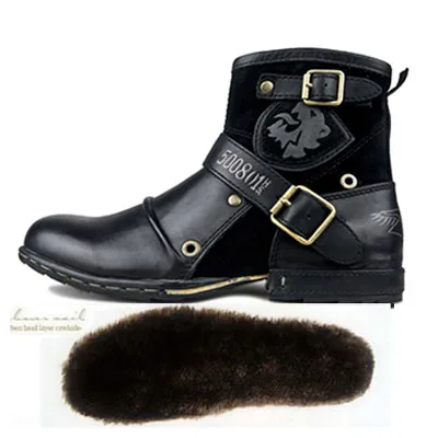 BLACK WITH FUR OTTO/дизайнерские модные ботинки наивысшего качества ручной работы из натуральной коровьей кожи с заклепками; кожаные ботинки; зимние ботинки в байкерском стиле - Цвет: BLACK WITH FUR