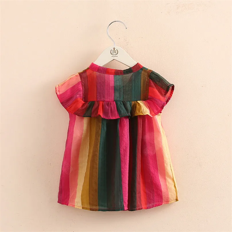 Vintage rainbow stripe shirt kids ruffles sleeve blouse summer casual tops children girls clothing 2-8Yrs | Мать и ребенок