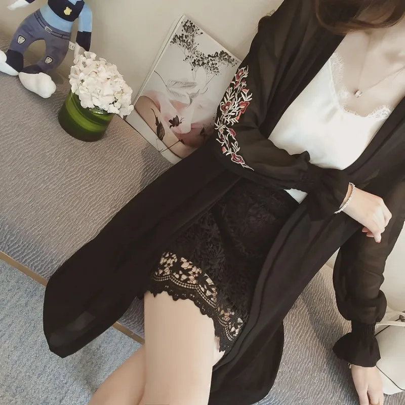 Женская шифоновая летняя блузка с цветочной вышивкой Кимоно Кардиган длинным