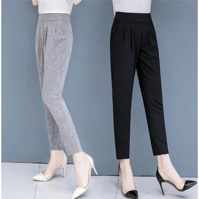 Summer 2019 Office Women Grey Black Ankle Length Linen Harem Pants Female Woman Korea Style Elastic High Waisted 3xl Trousers | Женская