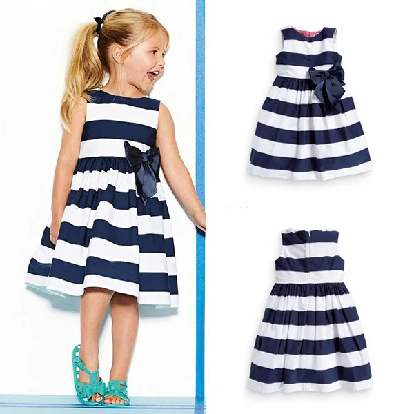 Kid Baby Girls Dress Summer Sleeveless One Piece Blue Striped Bowknot Tutu baby girls clothes | Детская одежда и обувь