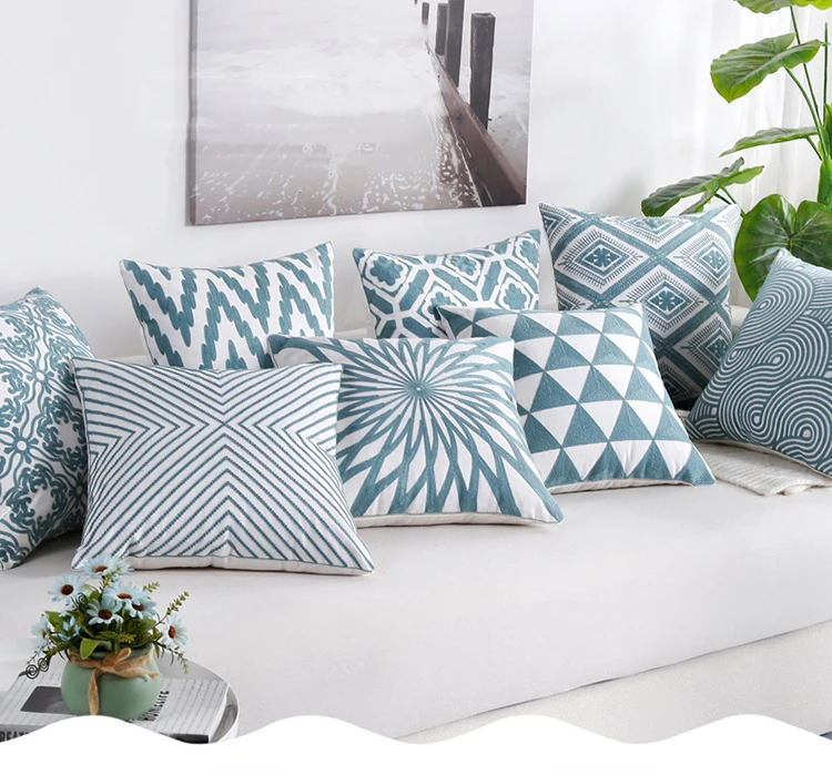 Home Decor Embroidered Cushion Cover One Side Printing White Blue Green Square Embroidery Pillow Cover 45x45cm