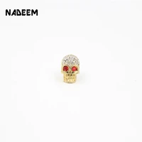 3pcs gold color red eyes skull head copper micro pave white cz men charm beads woven bracelet diy jewelry making accessories