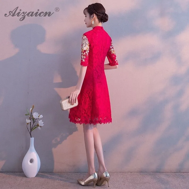 

Oriental Bride Lace Cheongsam Red Short Dress Qipao Women Chinese Wedding Dresses Modern Femme Fashion Party Vintage Gown Qi Pao
