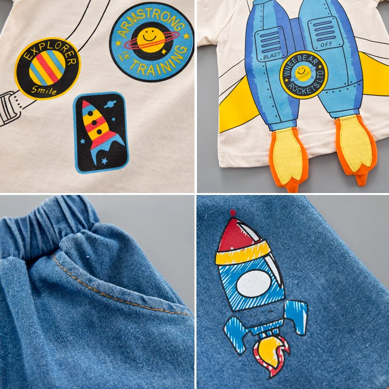Rocket Boys Clothes Summer Clothing Set Short-Sleeve O-Neck T Shirt + Short Jeans Suit Children Outfit 1 2 3 4 Years | Детская одежда и