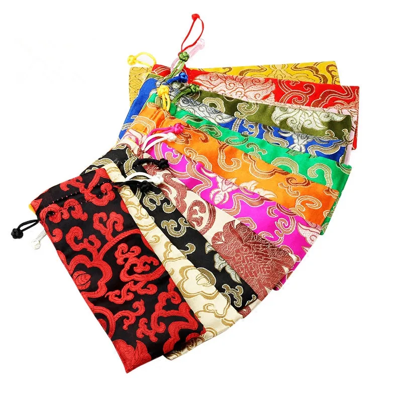 

50pcs Classic Flower Long Drawstring Christmas Comb Gift Pouches Chinese Silk Brocade Wedding Party Favor Bags with Lined
