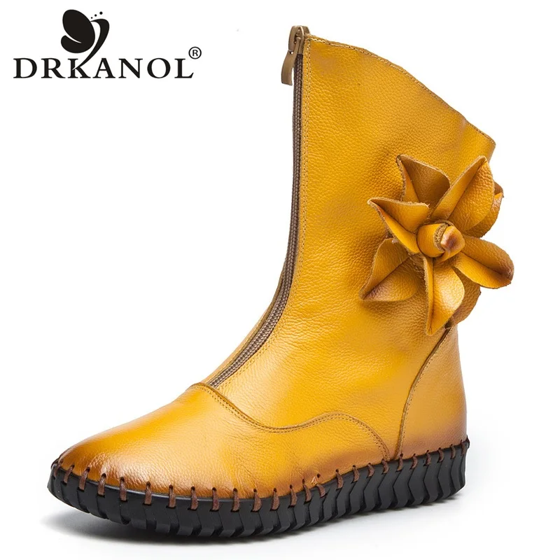 

DRKANOL 2021 Genuine Leather Women Boots Soft Cowhide Flat Flower Short Plush Ankle Snow Boots Winter Warm Shoes Plus Size 35-43