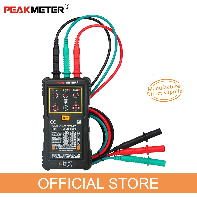 

PEAKMETER PM5900 3 Motor Rotation Indicator Meter Sequence Tester Rotary Field Indicator 3 Phase System Motor Testing Multimetro