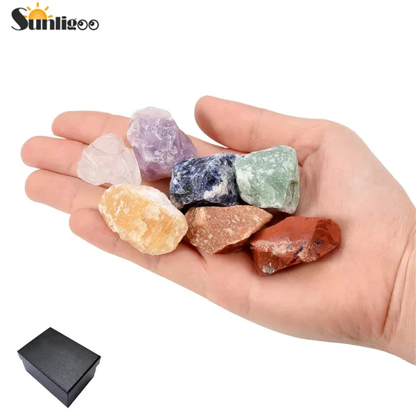 7pcs Set Sunligoo 7 шт., чакра, натуральные камни, грубый камень, кристаллы для кувырки кабинок(Аметист/прозрачный кварц/содалит/Топаз) 0,9"-1,2" - Цвет: 7pcs Set