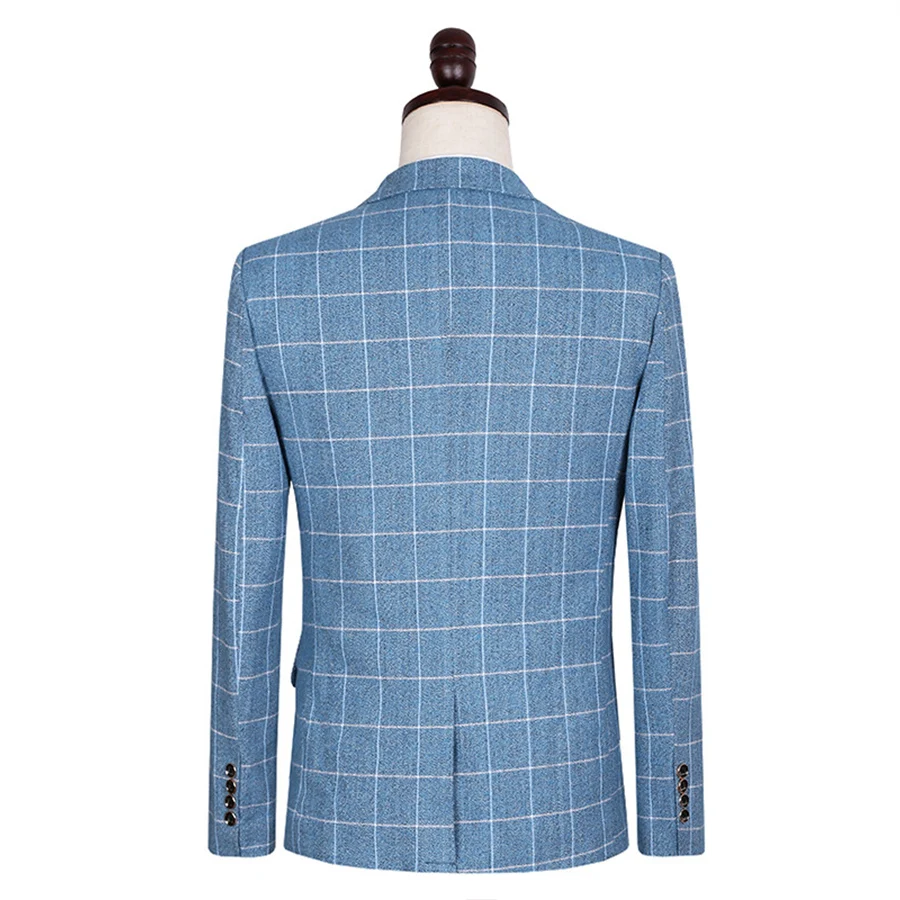 Мужской костюм в синюю клетку (пиджак + брюки жилет) официальный пиджак модный