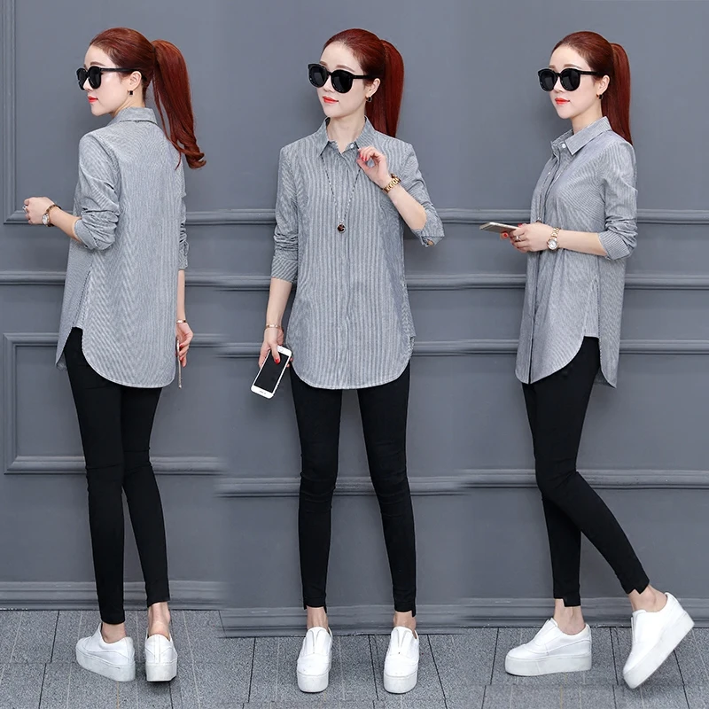 Long Paragraph Striped Shirt Women Tide Models Cotton 2018 Spring New Gray White Wild Loose Thin Cover Meat Shir CJY08 | Женская одежда
