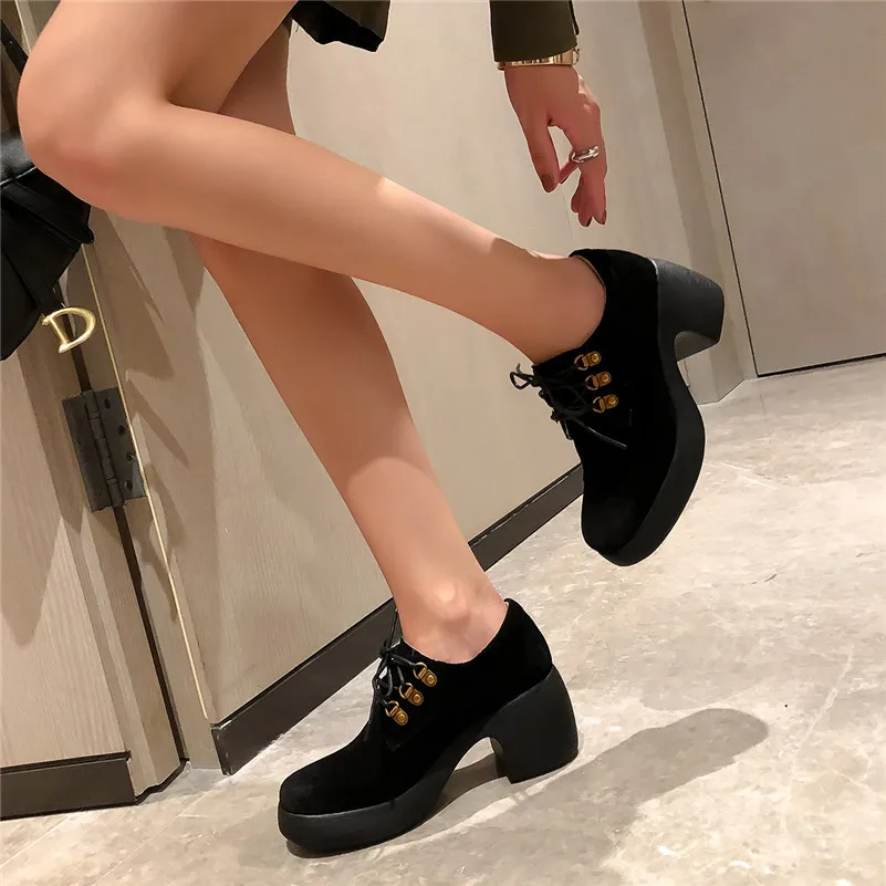 

Meotina Women Pumps High Heels Natural Genuine Leather Chunky High Heels Shoes Real Leather Lace Up Shoes Female Autumn Size 40