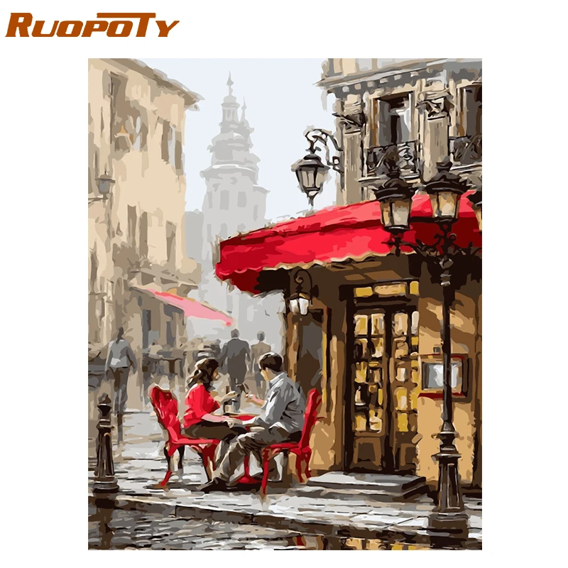 RUOPOTY рамка кофе тротуар Сделай Сам Живопись по номерам пейзаж настенная художественная картина акриловая Картина на холсте для домашнего декора произведение искусства
