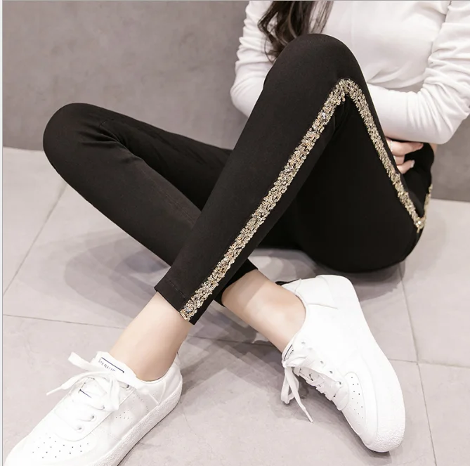 Spring Autumn Leggings Women Fashion Sequins Stripe Side Pure Cotton Trousers Girls Ladies All-match Basic Trousers Leggings