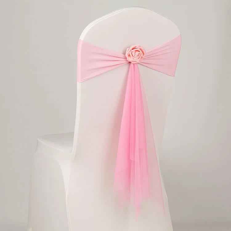 

Pink Colour Spandex Sashes With Rose Ball Artifical Flower And Organza Chair Sash Wedding Lycra Bow Tie Band Wholesale