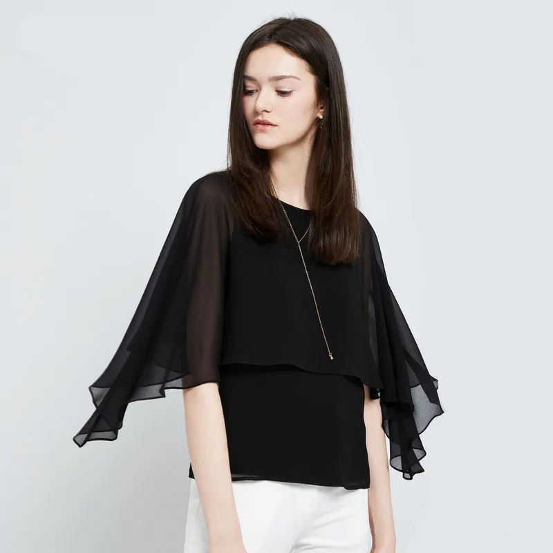 Женская шифоновая блузка с круглым вырезом рукавом летучая мышь|chiffon blouse|women