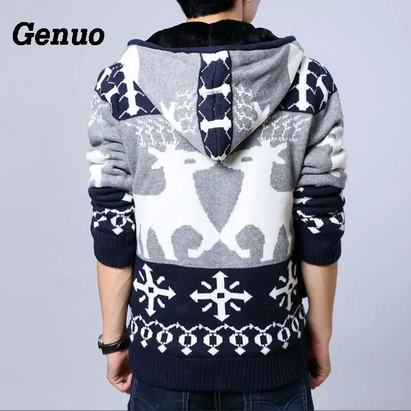 

Genuo Winter Cardigan Sweater Coat Men Fashion Hooded Sweaters Thicken Christmas Knitting Jumper Elk Pattern Male Top pull homme