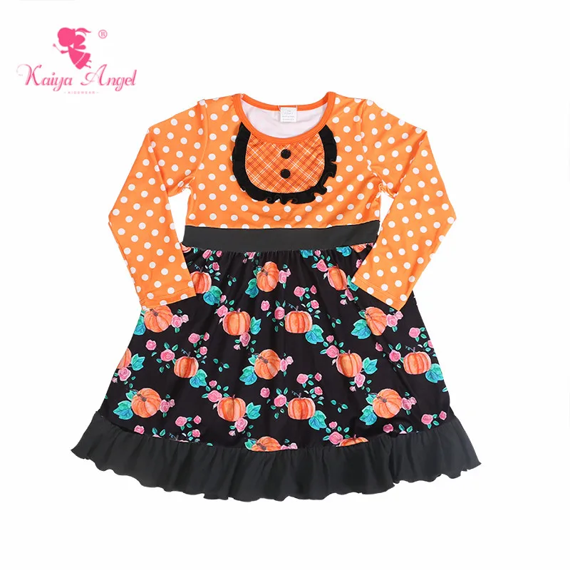 Kaiya Angel Halloween Toddler Girl Ruffles Long-sleeved Kids Princess Dresses Flower Pumpkin Orange Bottom White Dot Clothes | Детская
