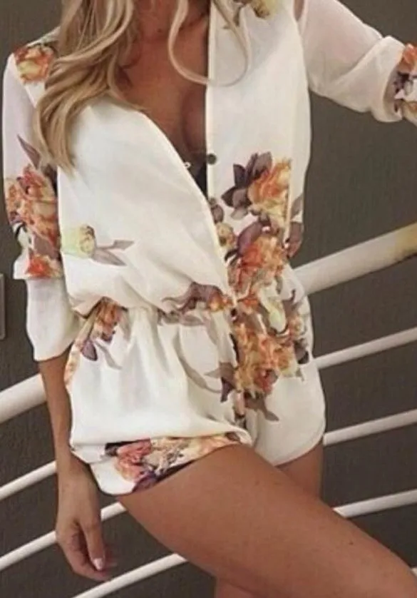 Fashion Women Chiffon Jumpsuit Deep V-Neck Floral Print Half Sleeve High Waist Casual Short 35 |