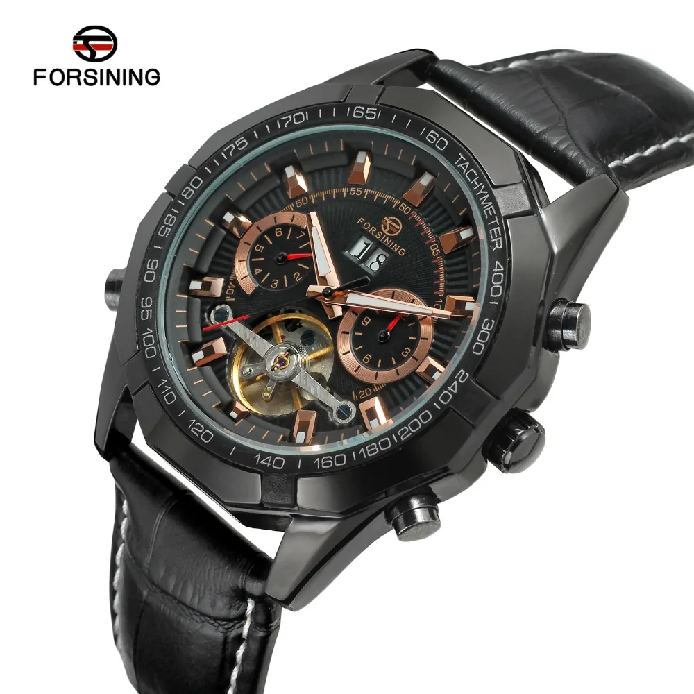 

Forsining Men's Watch Genuine Leather Strap Automatic Movt Tourbillion Calendar Luxury Brand Wristwatch Color Gold FSG340M3