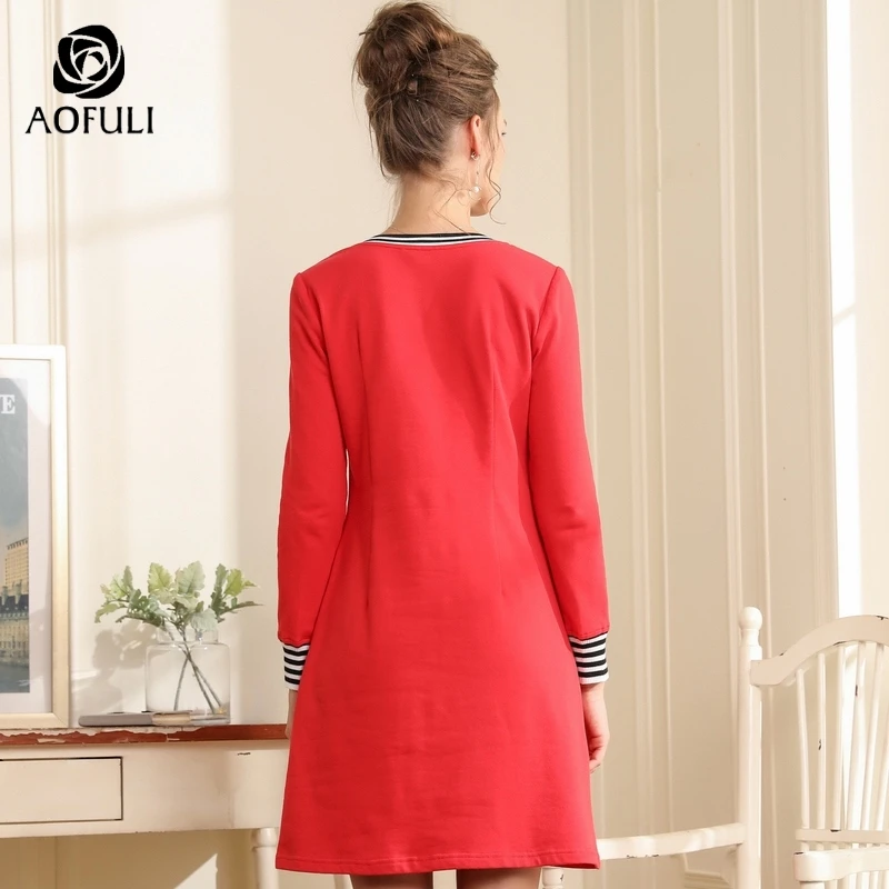 AOFULI L-XXXL 4XL 5XL красное женское хлопковое платье на осень и зиму с длинным рукавом