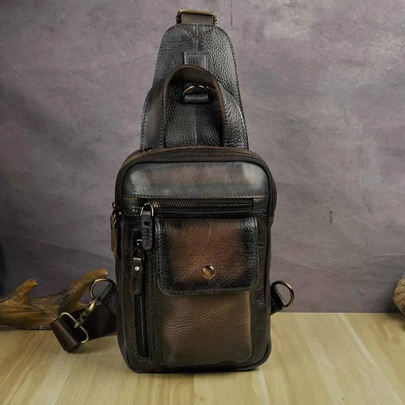 dark brown 2 Качественная кожаная мужская Повседневная модная дорожная треугольная нагрудная сумка на ремне, дизайн 8 дюймов, сумка на одно плечо, мужской рюкзак B574 - Цвет: dark brown 2