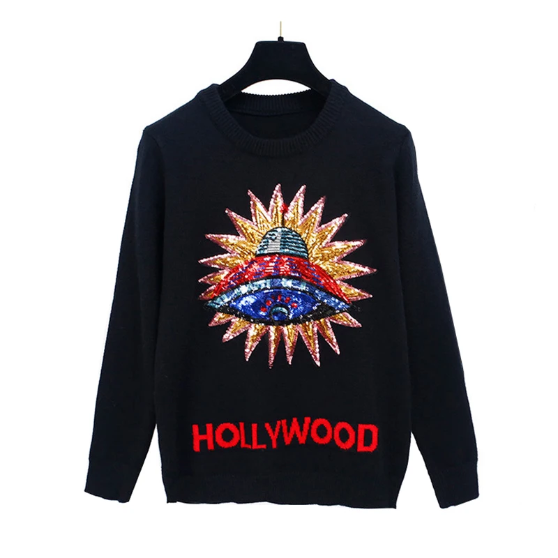 Women New vintage 3D UFO Sequins warm sweaters long sleeve o neck pullovers winter autumn knitted retro tops blusas C-038 | Женская