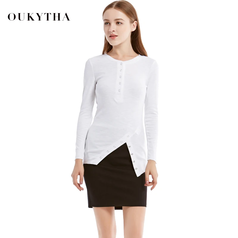 Oukytha осень 2017 г. Новый Повседневное круглым вырезом Футболки для девочек и Топы