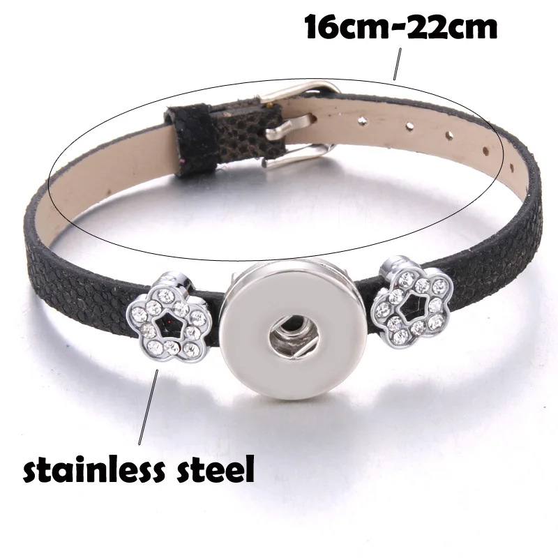 

New Snap Jewelry 18mm Leather Strap style Snap Button Bracelet for Women Children Stainless Steel Love flower Charms Bracelet