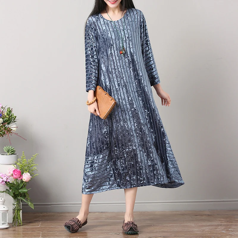 2018 Spring Lagenlook Velvet Striped O-Neck Loose Dress Women Vintage Plus Size Long Sleeve A-Line | Женская одежда