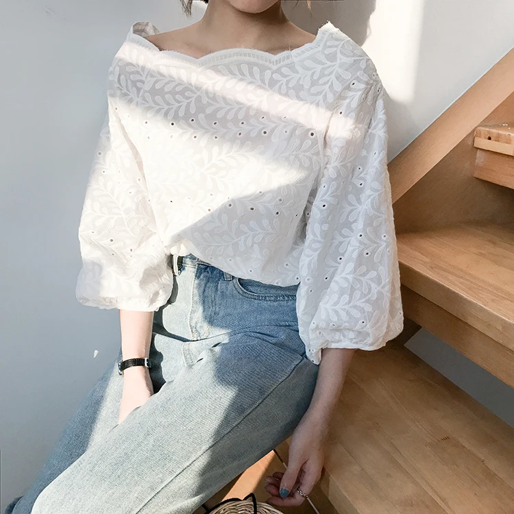 Женские кружевные рубашки однотонные с отверстиями на весну и осень 2018 | Женская