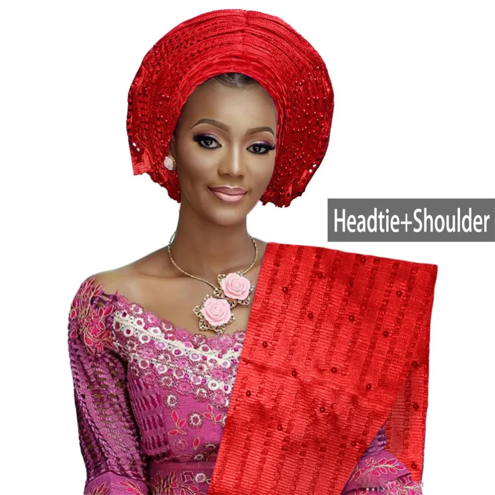Красивая нигерийская Кружевная повязка на голову ASO OKE с бисером Авто геле Свадебная вечеринка тюрбан в африканском стиле с плечом B317