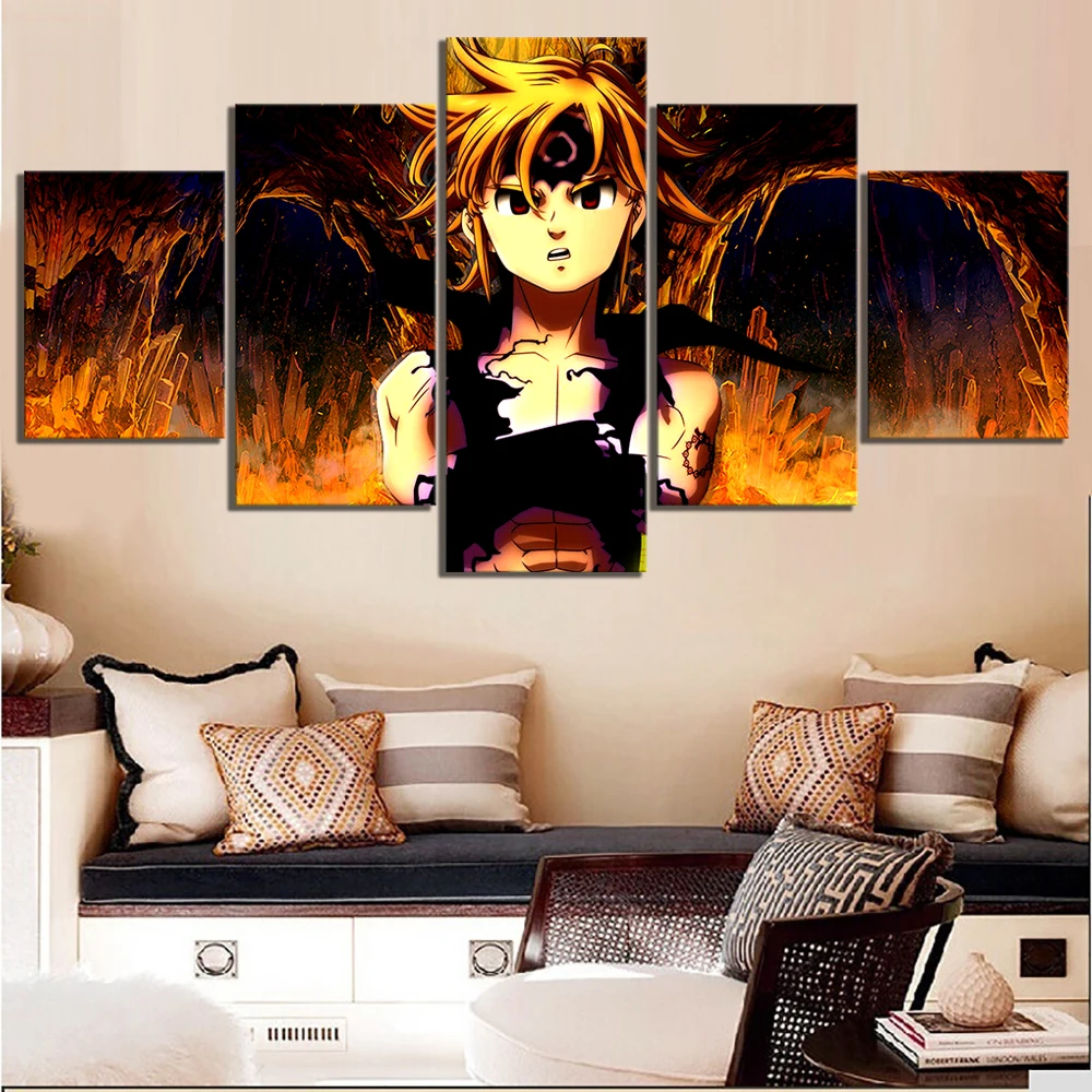 

Canvas Painting Prints Home Decor HD The Seven Deadly Sins Anime 5 Panel Meliodas Dragon'S Sin Of Wrath Modular Pictures Poster