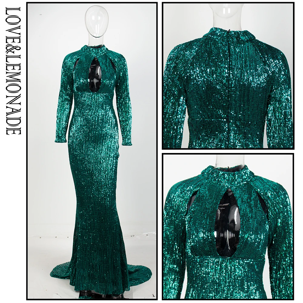 

LOVE&LEMONADE Cut Out Stand Elastic Sequins Long Dress LM81525 GREEN