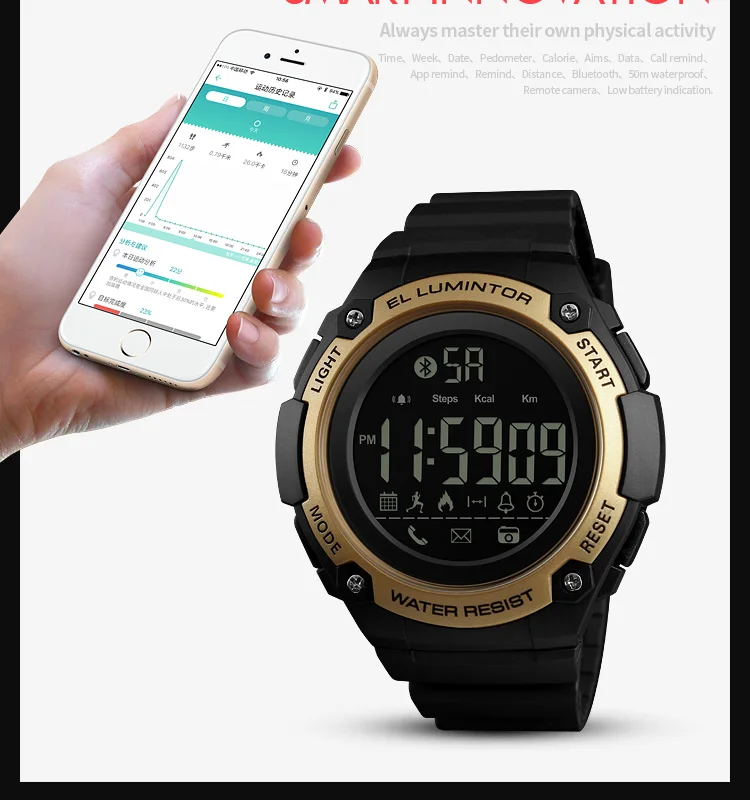SKMEI 1347 Bluetooth Смарт цифровые часы мужские 50 м водонепроницаемые спортивные часы спящий монитор Подсветка трекер калорий мужские часы