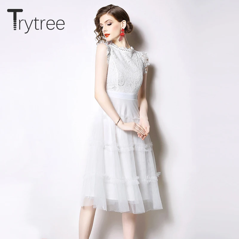 Trytree летнее осеннее платье женское повседневное кружевное с круглым вырезом без