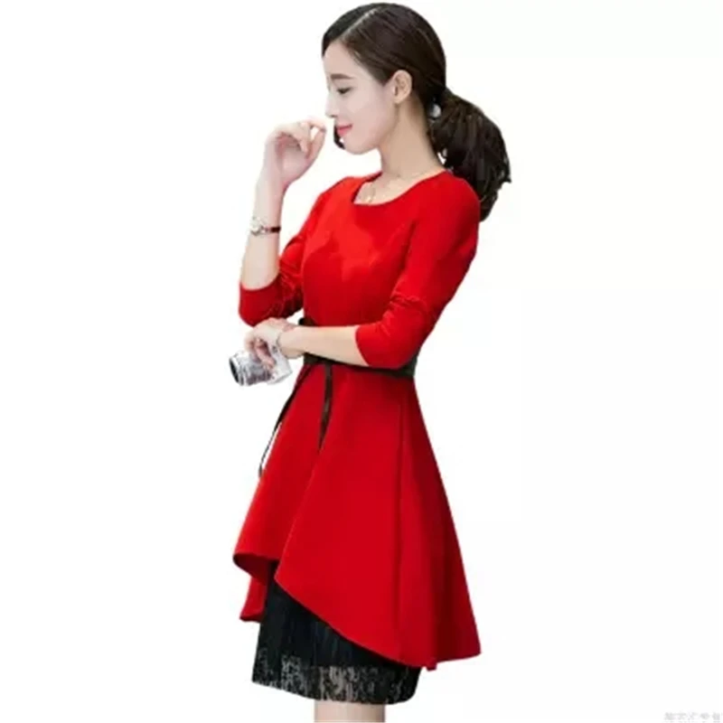 

2018 New Spring Autumn Large Size Women Dress Casual Slim Winter Dress Long Sleeved Red Bottoming Dresses Femme Z317