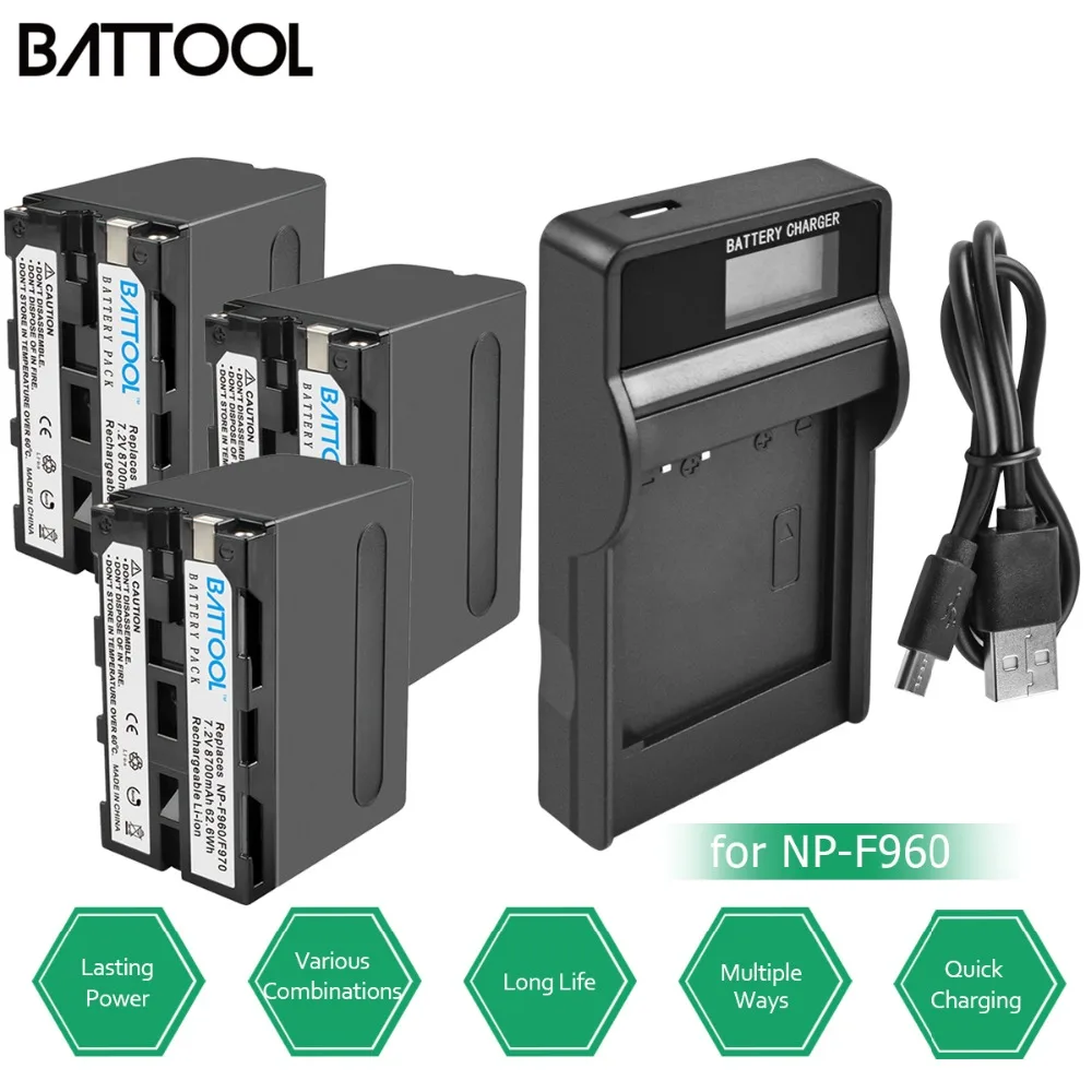 Batcool для Sony 3 шт. F975 NP-F970 NP-F960 7.2в 8.7Ah батареи + ЖК-зарядное устройство F950 NP-F770 NEX-FS100U