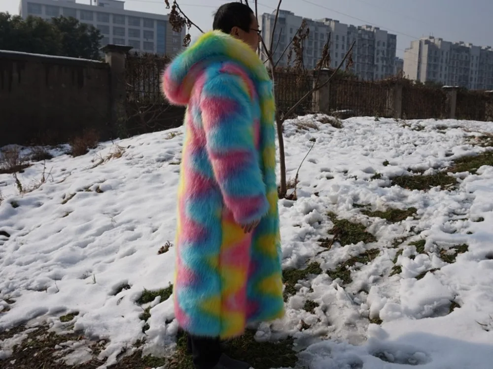 Осенне-зимнее длинное Радужное пальто из искусственного меха с капюшоном для мужчин, яркие толстовки с искусственным мехом для фестиваля, мужские куртки для дискотеки