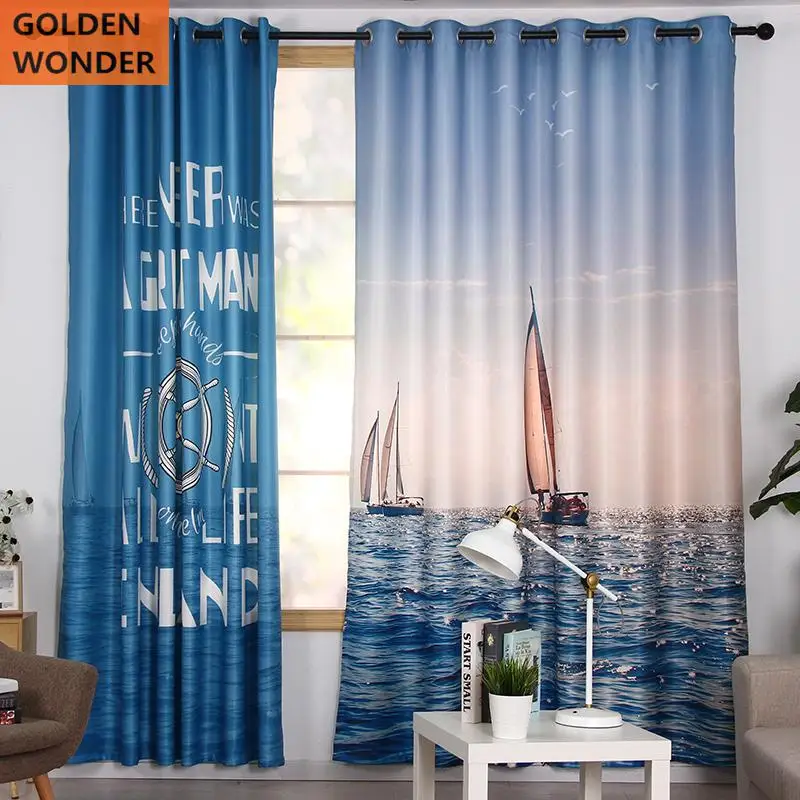 Personalized Modern Custom Living Room Curtain Creative Ocean Scenery Thick Blue Shading Kids Bedroom Curtains | Дом и сад