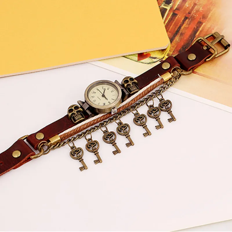 Gnova Platinum Top Genuine Leather Bracelet Quartz Watch Bronze Skulls Small Keys charm Chain Fashion Punk Wristwatch A916 | Наручные
