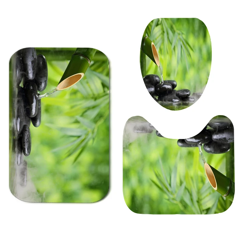 3Pcs Toilet Set Занавеска для душа, покрытие для унитаза, коврик, нескользящий коврик, набор, 70,8x70,8 дюймов, течёт вода, бамбук, полиэфирное волокно, водонепроницаемый набор для ванной комнаты - Цвет: 3Pcs Toilet Set