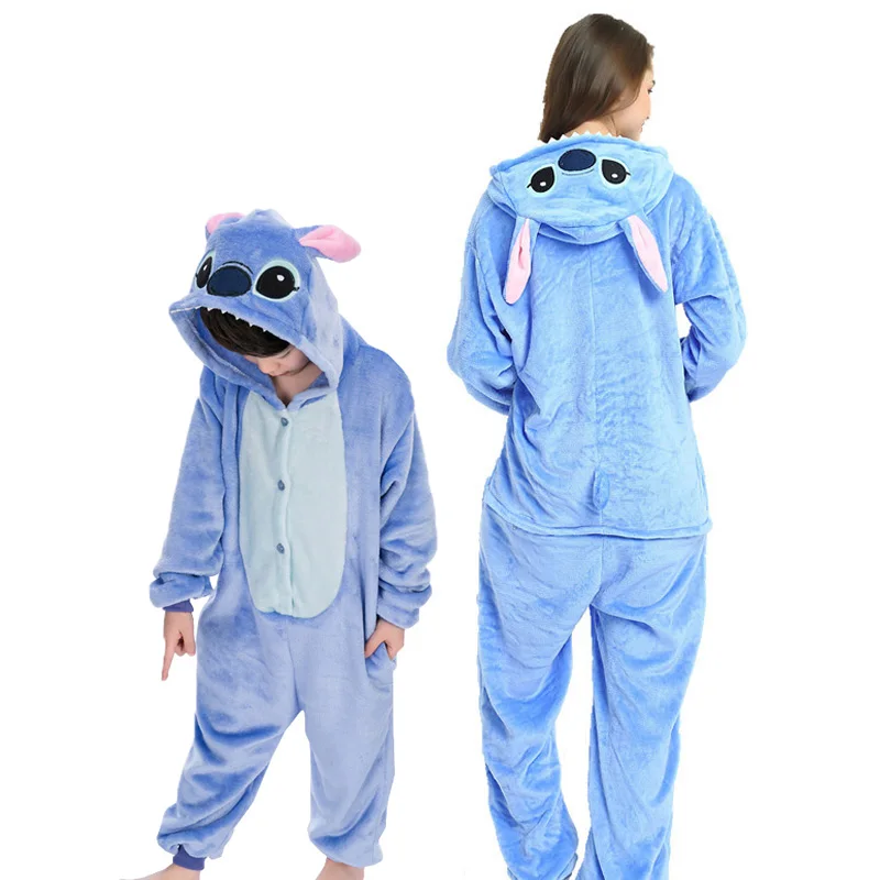 Stitch Blue 16 Style Flannel Animal Family Matching Pajamas Outfits Winter Hooded Pegasus Unicorn Panda Pyjamas Onesie Mother Kids Sleepwear - Цвет: Stitch Blue
