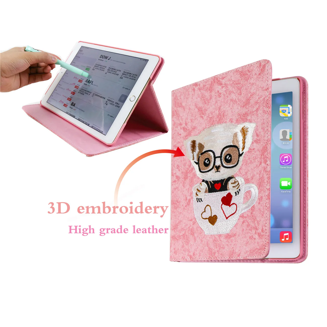 Высококачественный мультяшный 3D чехол с вышивкой для Apple iPad 9,7 дюймов/Air 1/Air 2 Чехол из искусственной кожи Смарт бодрствующий/спящий