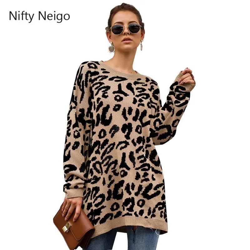 Nifty Neigo Леопардовый принт трикотажная одежда длинный рукав О-образный вырез