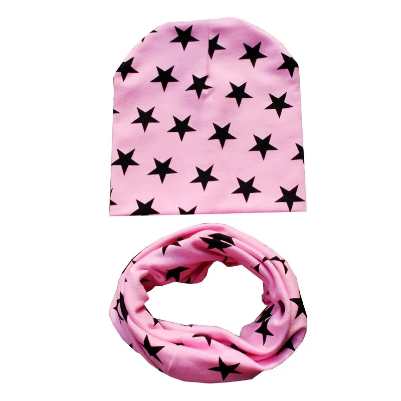 Pink star set Полосатый хлопковй с принтом звезды детский набор из шапки и шарфа для маленьких мальчиков и девочек Кепки шарф осень-зима детская шляпа, шарф воротник Детские вязаные шапки Кепки - Цвет: Pink star set