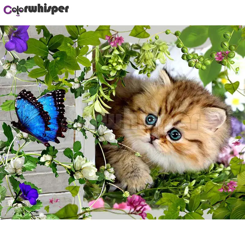 Алмазная живопись полноразмерная/круглая вышивка Кот Бабочка животное цветок